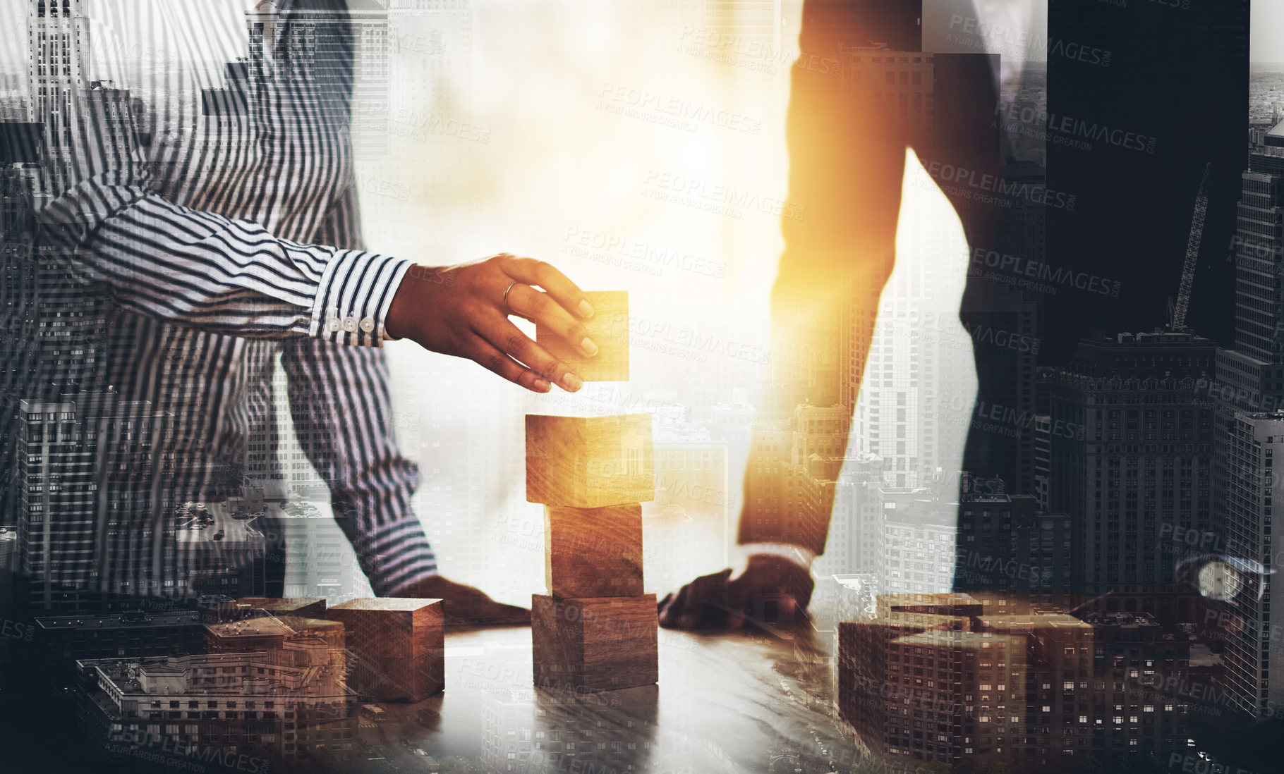 Buy stock photo City, double exposure and hands with blocks, office and plan for property development or real estate. Corporate, overlay and people with wooden stack, urban planner and collaboration for project