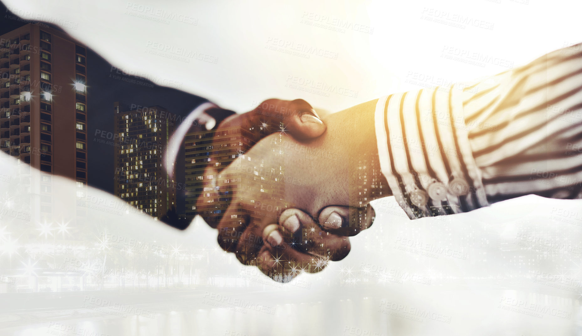 Buy stock photo Urban, hand shake and businesspeople for meeting, diversity and agreement to contract with city skyscraper. Thank you, greeting and double exposure, recruitment and hr for hiring of job or deal