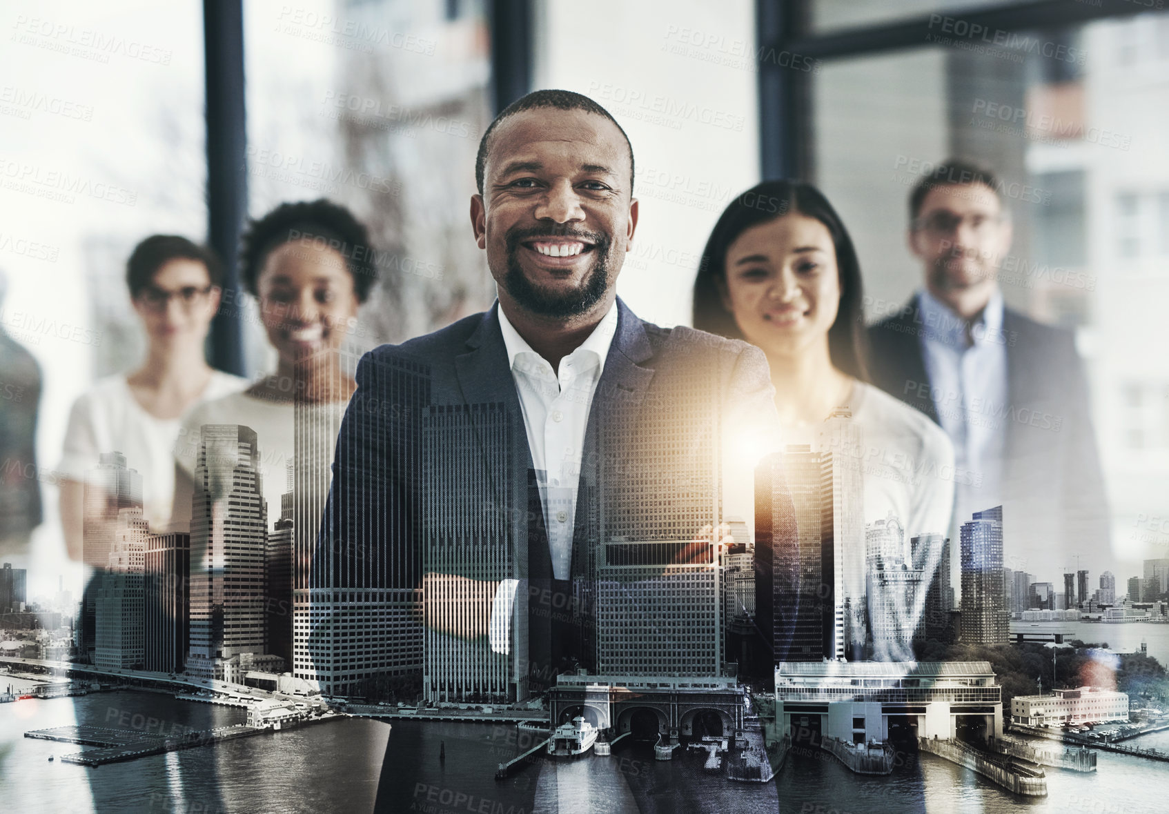 Buy stock photo Double exposure, city and man as leader in arms crossed at office on teamwork, collaboration and about us. People, employee and portrait for urban or infrastructure development as property developer