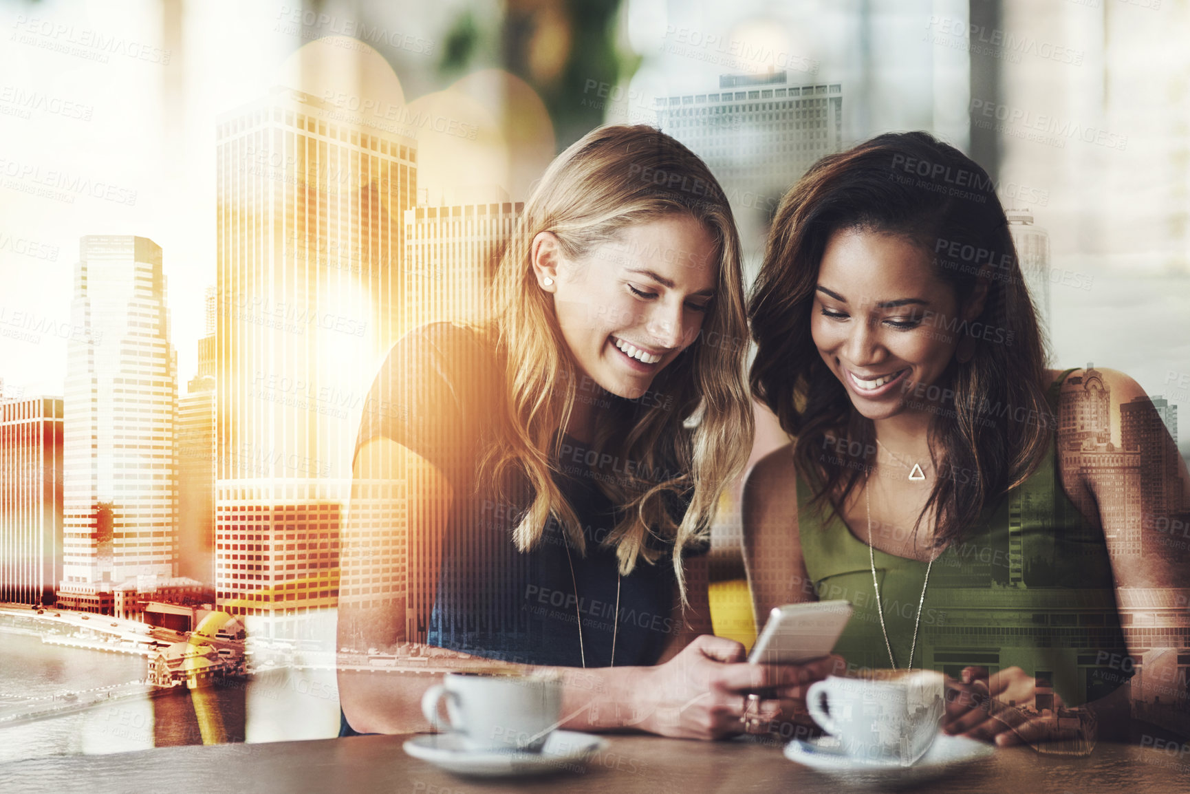 Buy stock photo Friends, smartphone and women in cafe, double exposure and bonding together for reunion. Bokeh, connection and happy people in restaurant, cellphone and app for social media, overlay or communication