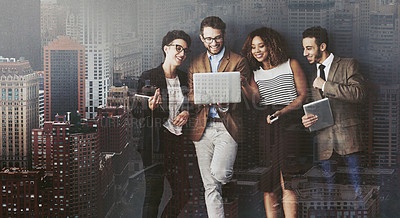 Buy stock photo Studio shot of a group of businesspeople using wireless technology while standing in line against a gray background