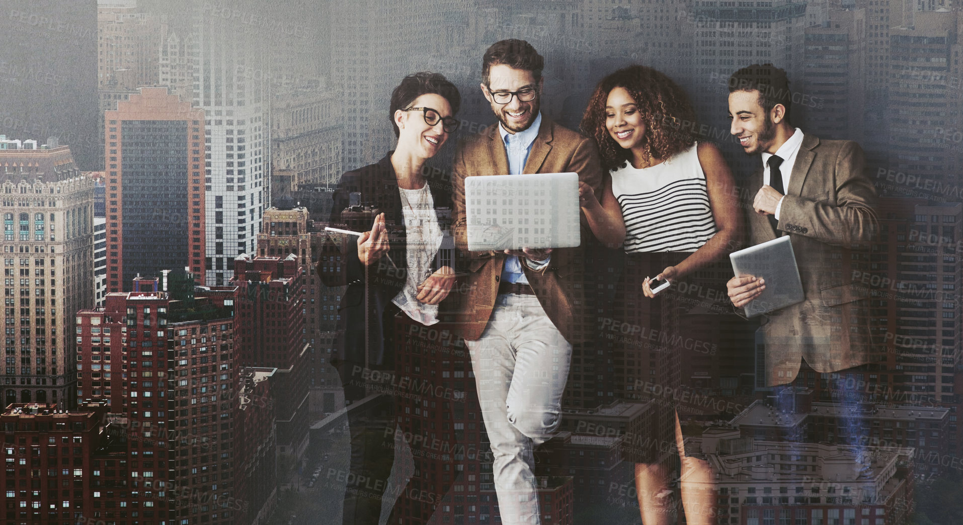 Buy stock photo Studio shot of a group of businesspeople using wireless technology while standing in line against a gray background