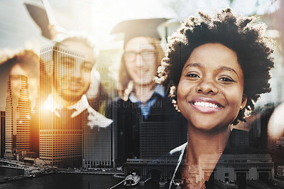 Buy stock photo Cropped portrait of a group of students taking a selfie together on graduation day