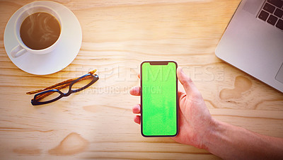 Buy stock photo Green screen, office and above of hands with phone for advertising website, mobile app and social media. Desk, business and person on smartphone for online announcement, information and mockup space