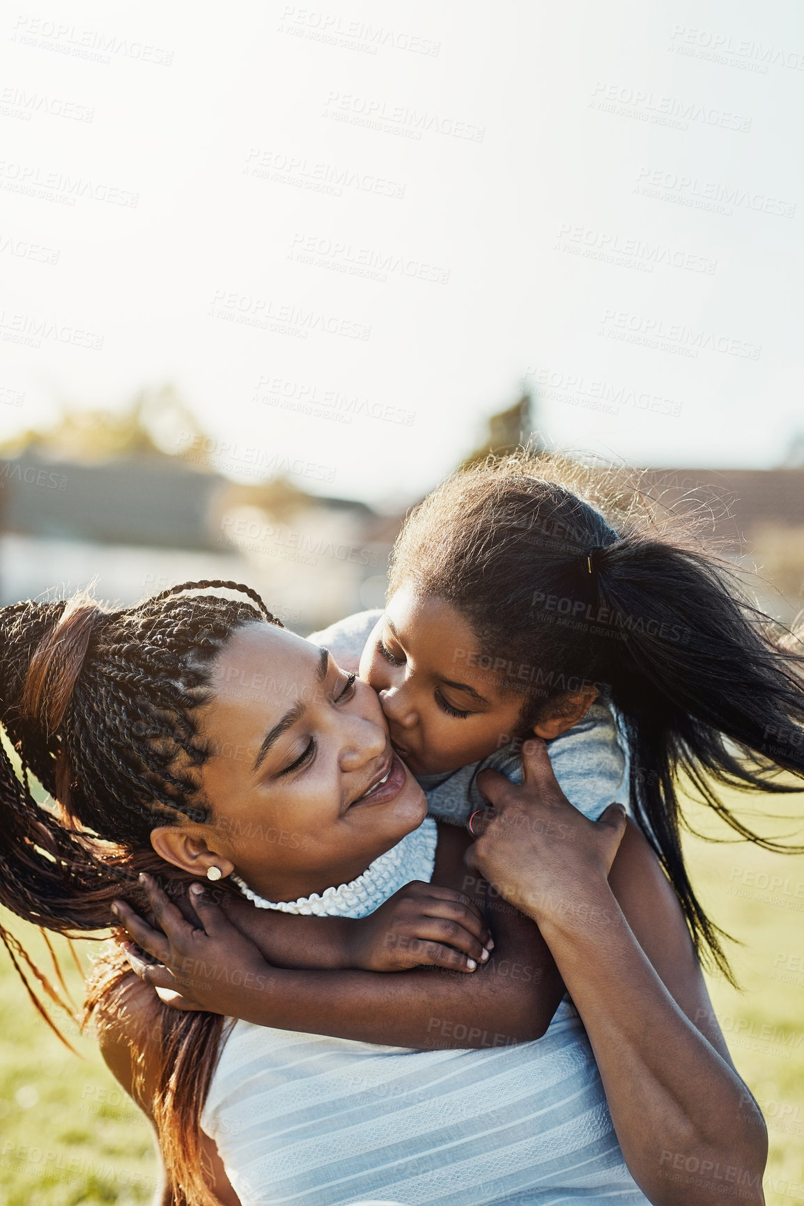 Buy stock photo Park, kiss and piggyback with girl and mother outdoor together with family, nature and bonding in summer. Mom, daughter and love with happy woman and child outside with airplane game for fun play