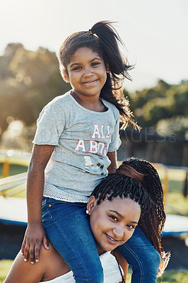 Buy stock photo Happy mother, portrait and shoulder with child for bonding, outdoor holiday or weekend together in nature. Mom carrying little girl, daughter or kid with smile for youth, childhood or summer at park