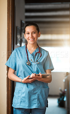 Buy stock photo Portrait, nurse and happy woman with tablet in home for research, telehealth and healthcare in house. Smile, medical caregiver and digital tech for service, nursing and geriatric medicine in Spain