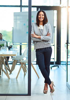 Buy stock photo Portrait, business and woman with arms crossed, smile and startup success in a modern office. Face, female person and employee with confidence, motivation and career with professional and happiness 