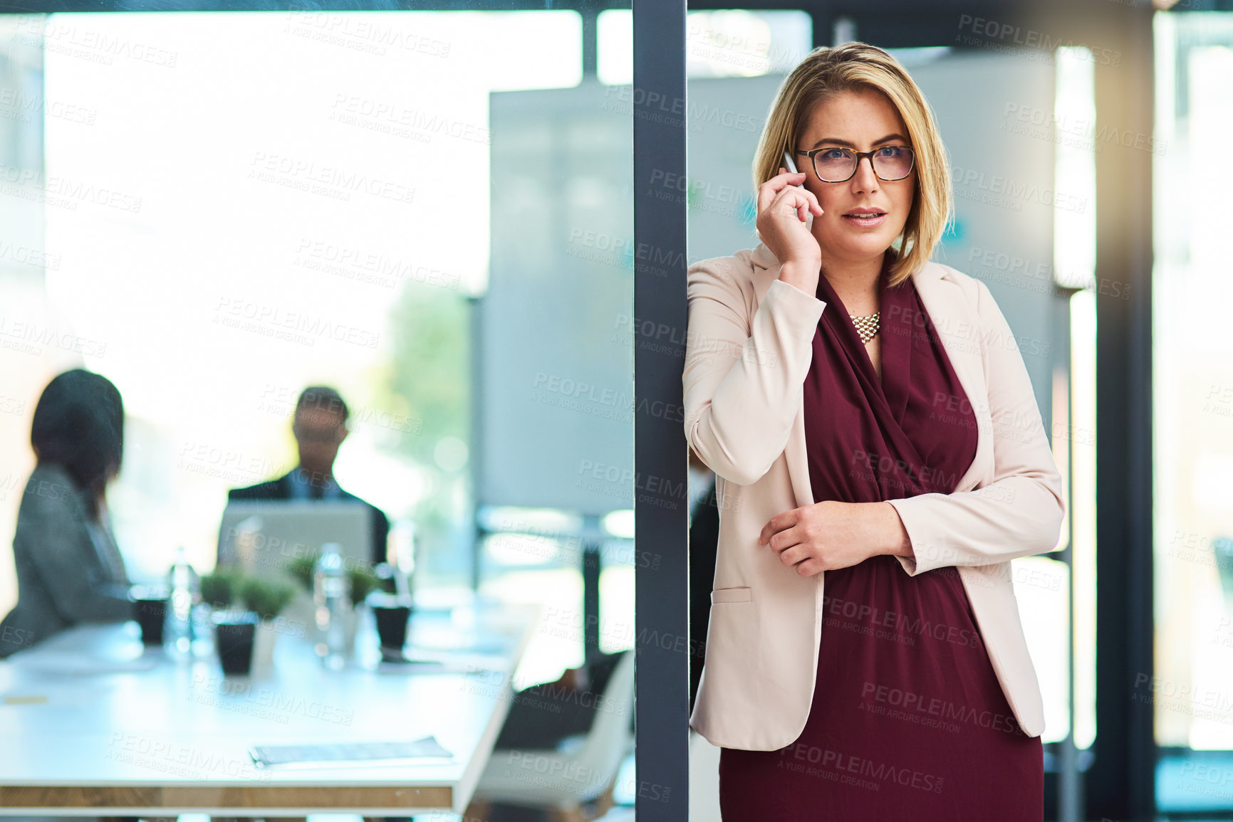 Buy stock photo Woman, communication and phone call for plan in office, chat and schedule meeting with international client. Female person, app and talking on progress in project, speaking and contact feedback