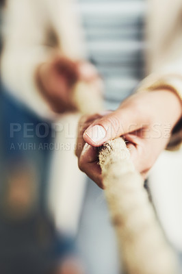Buy stock photo Closeup of hand, rope and tug of war for team building, business people and collaboration with competition. Corporate conflict resolution, challenge and teamwork with employees in workplace