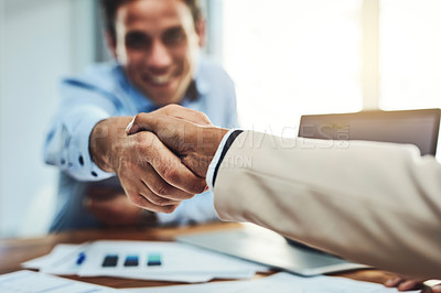 Buy stock photo Businessman, handshake and meeting for partnership, deal or b2b agreement at the office. Business people shaking hands for greeting, welcome or hiring in recruitment, teamwork or growth at workplace