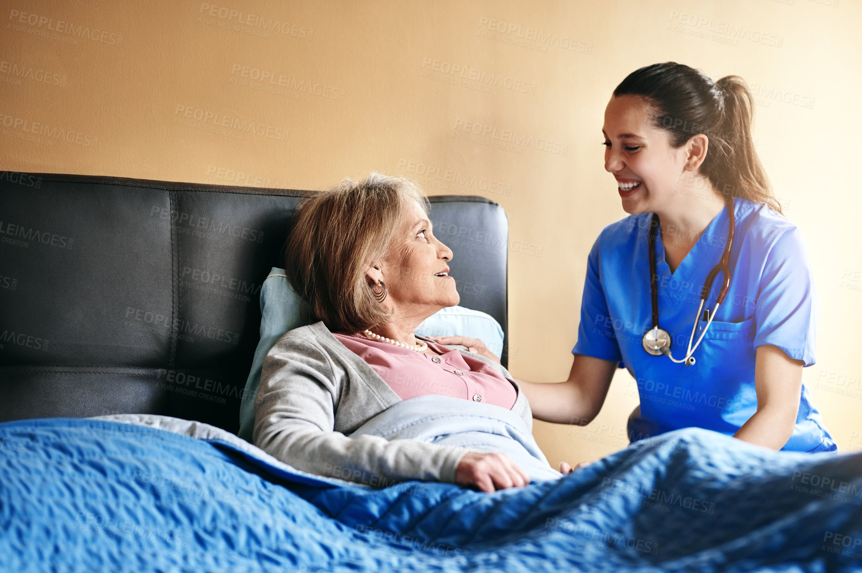 Buy stock photo Senior woman, nurse and support in bed at nursing home for medical or healthcare with love. Elderly person, caregiver and help at retirement facility for empathy, wellness and care with kindness