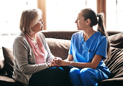 Buy stock photo Nurse, old woman and holding hands for compassion, wellness and gratitude with happiness. Caregiver, pensioner and patient with advice, home or empathy with service, consultation and conversation