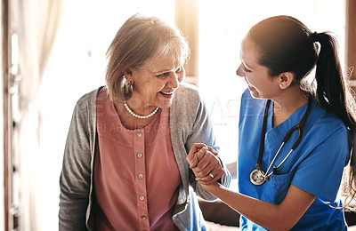 Buy stock photo Nurse, old woman and holding hands with consultation, help and rehabilitation with healthcare. Caregiver, pensioner and patient with physical therapy, home or assist with trust, wellness or kindness