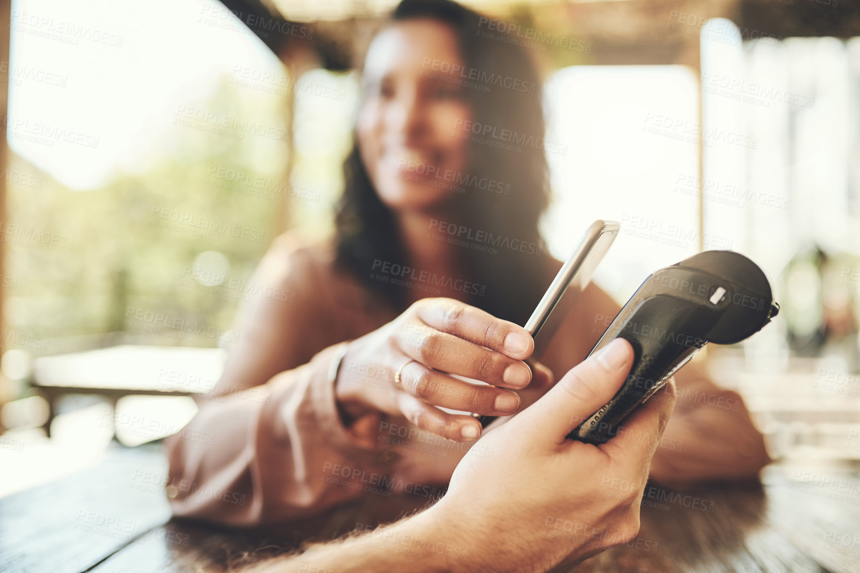 Buy stock photo Customer, smartphone and pos terminal in coffee shop for payment by customer for waitress service. Finance, bill and nfc with woman paying paperless using wireless technology in cafe or restaurant