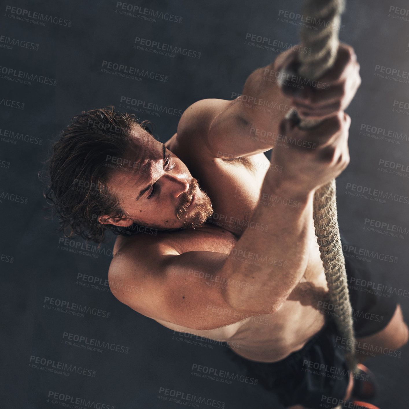 Buy stock photo Man, bodybuilder and climb rope for fitness at gym for bodybuilding with strength and determination. Male person, muscles and strong with top of training, workout and exercise for health or self care