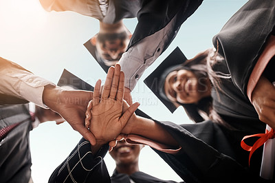 Buy stock photo Students, graduation and group with hands stacked for college celebration outdoor. Below diversity men and women together for university achievement, education success and school graduate event
