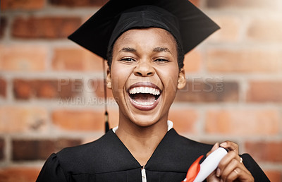 Buy stock photo Graduation, black woman and portrait of a college student laughing with a diploma outdoor. Female person or excited face celebrate university achievement, education success and future at school event