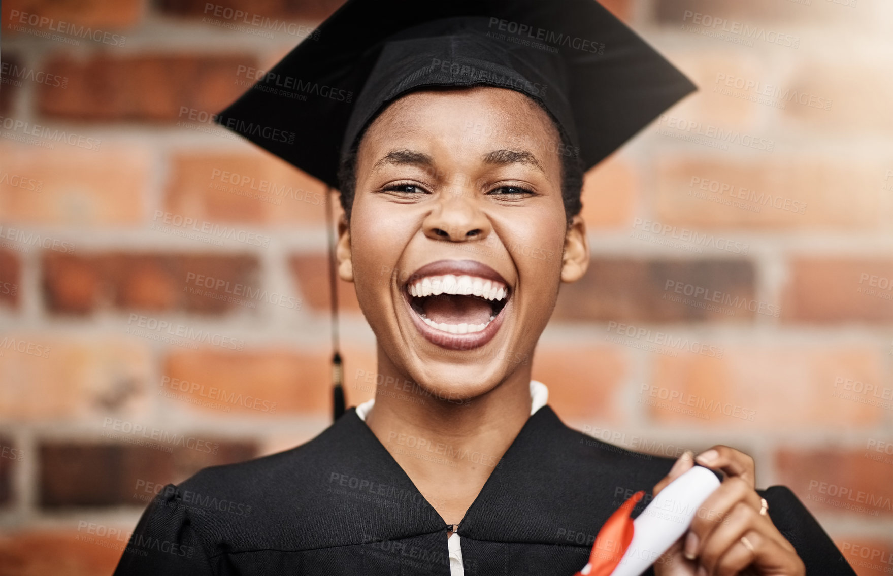 Buy stock photo Graduation, black woman and portrait of a college student laughing with a diploma outdoor. Female person or excited face celebrate university achievement, education success and future at school event