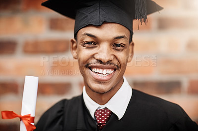 Buy stock photo Black man, graduation and face portrait of a university student with a diploma and smile outdoor. Male person excited to celebrate college achievement, education success and future at school event