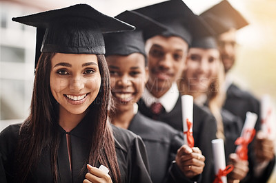 Buy stock photo Woman, graduation and portrait of a college group with a diploma and smile outdoor. Diversity men and women students celebrate university achievement, education success and future at school event