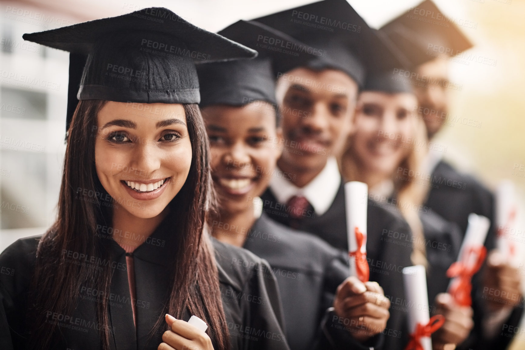 Buy stock photo Woman, graduation and portrait of a college group with a diploma and smile outdoor. Diversity men and women students celebrate university achievement, education success and future at school event