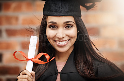 Buy stock photo Student graduation, diploma and portrait of a woman with college degree and happiness outdoor. Face of female person excited to celebrate university achievement, education success and graduate future