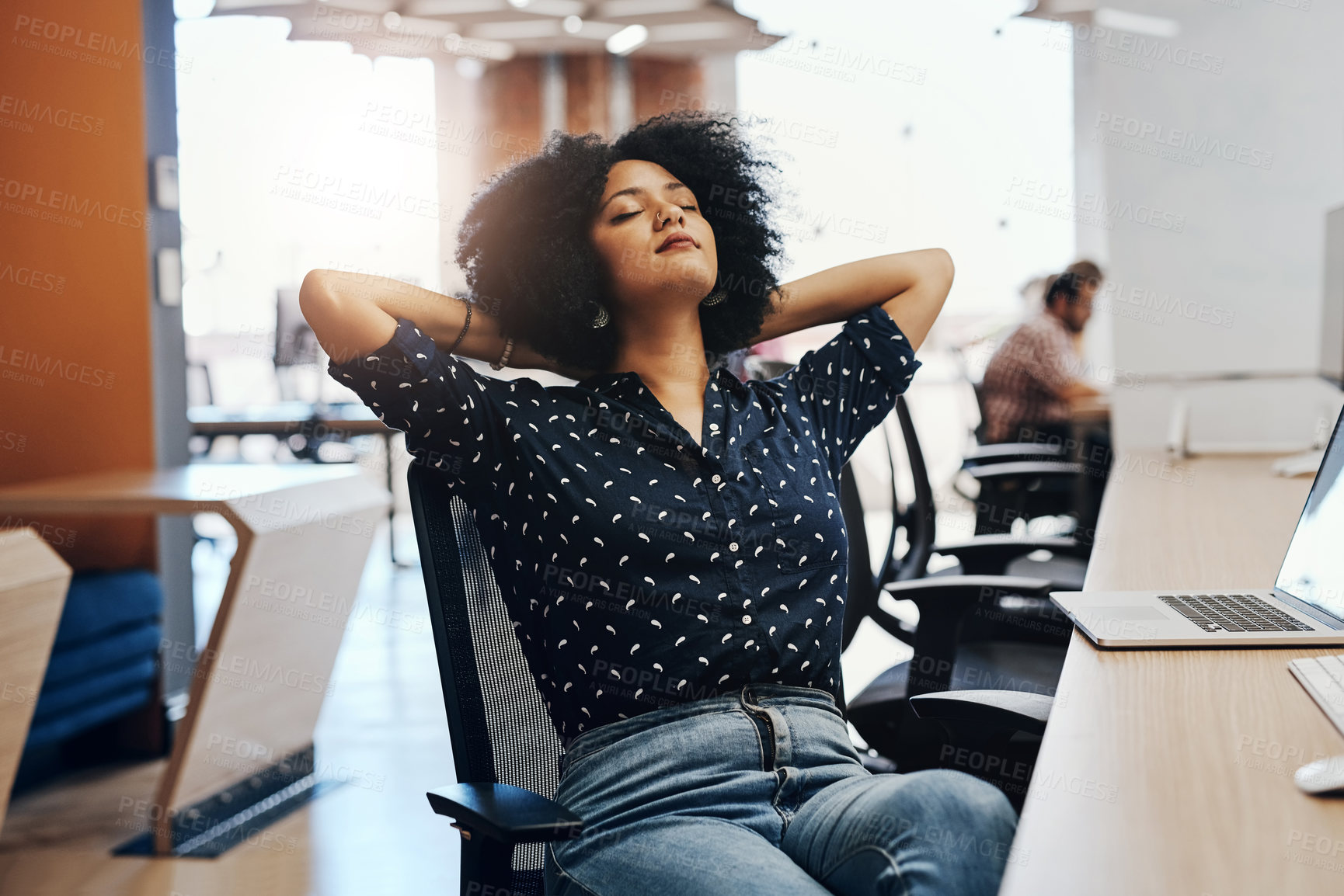 Buy stock photo Business woman, relax and break with completion for done, finished or rest at office desk. Tired female person or young employee enjoying time off on chair for nap, sleep or productivity at workplace