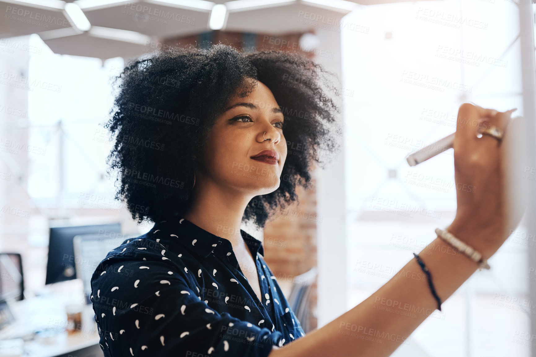 Buy stock photo Woman, writing and creative in office with whiteboard, brainstorming and planning with pen for professional strategy. Thinking, ideas and business vision with employee, working and problem solving