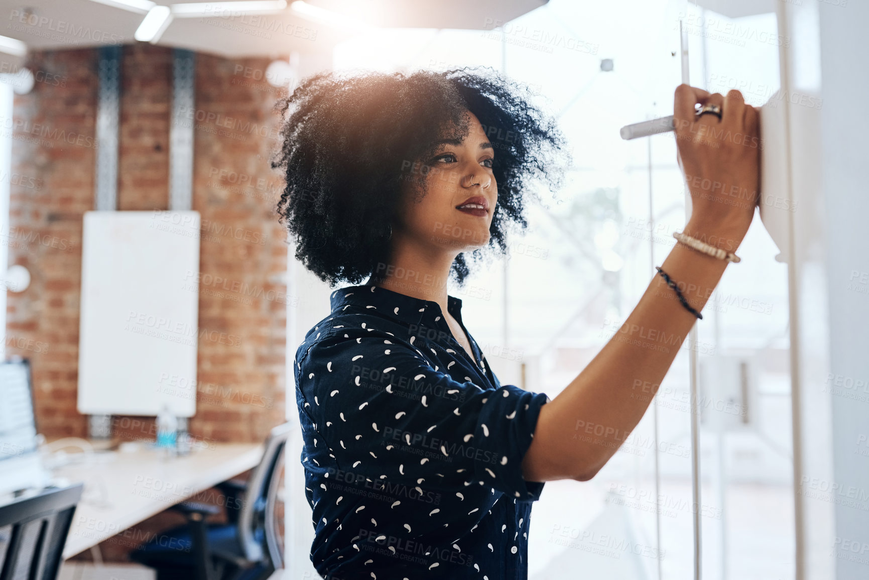 Buy stock photo Woman, writing and brainstorming in workplace with whiteboard, target and goals with pen for professional strategy. Thinking, ideas and business vision with employee, working and problem solving