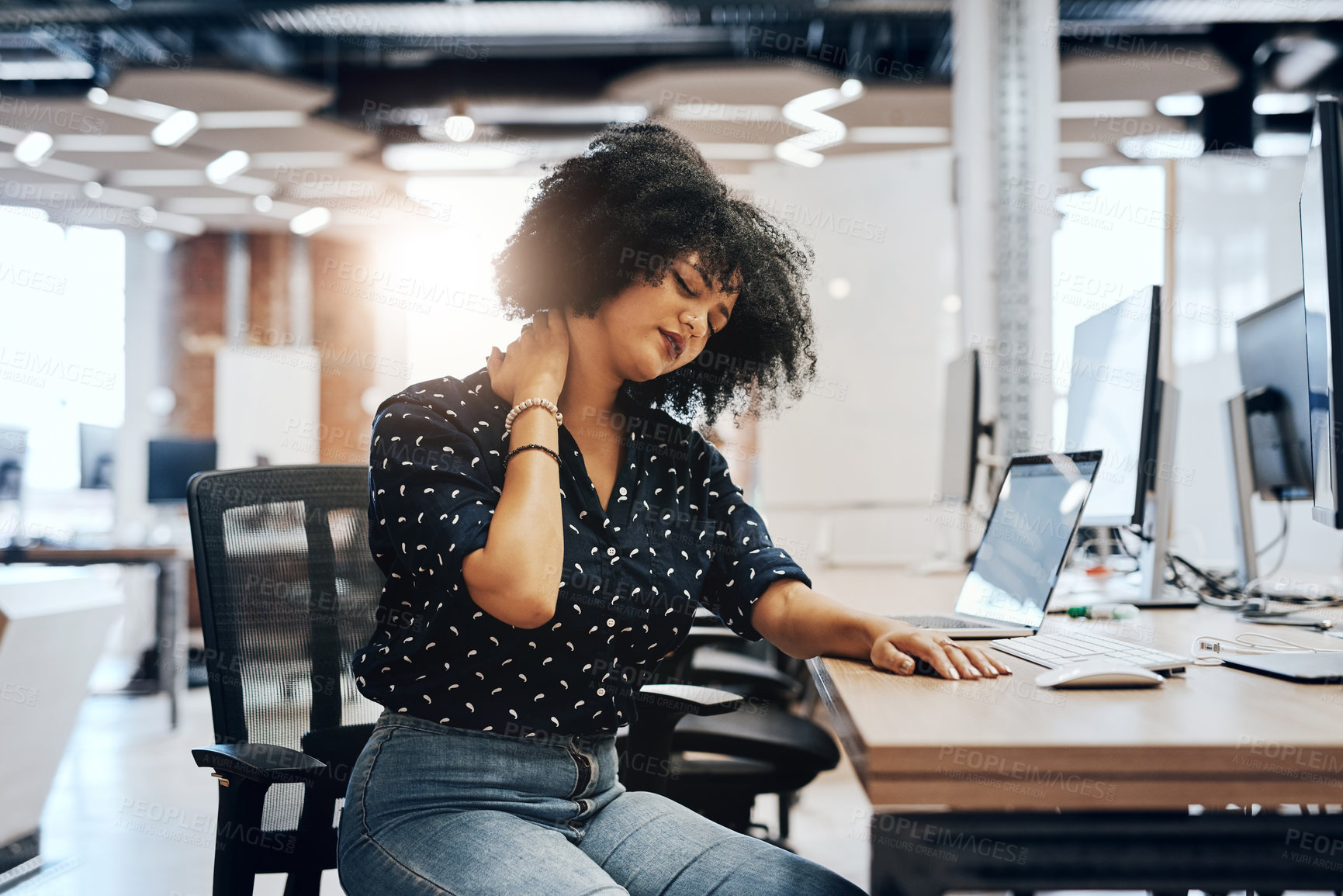 Buy stock photo Black woman, neck pain and stress with injury in anxiety, depression or burnout for strain or posture at office. Tired African, female person or employee with sore ache or muscle tension at workplace