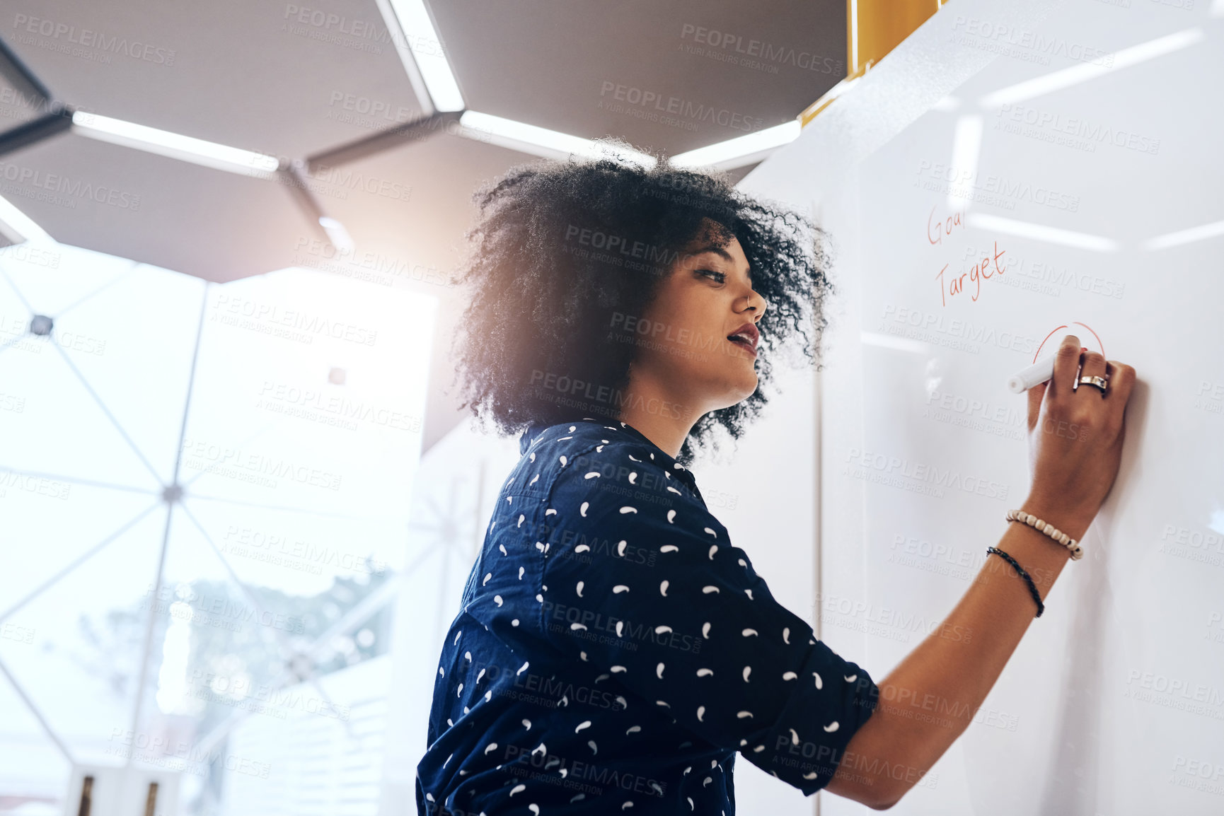 Buy stock photo Woman, writing and brainstorming in office with whiteboard, target and goals with pen for professional strategy. Thinking, ideas and business vision with employee, working and problem solving