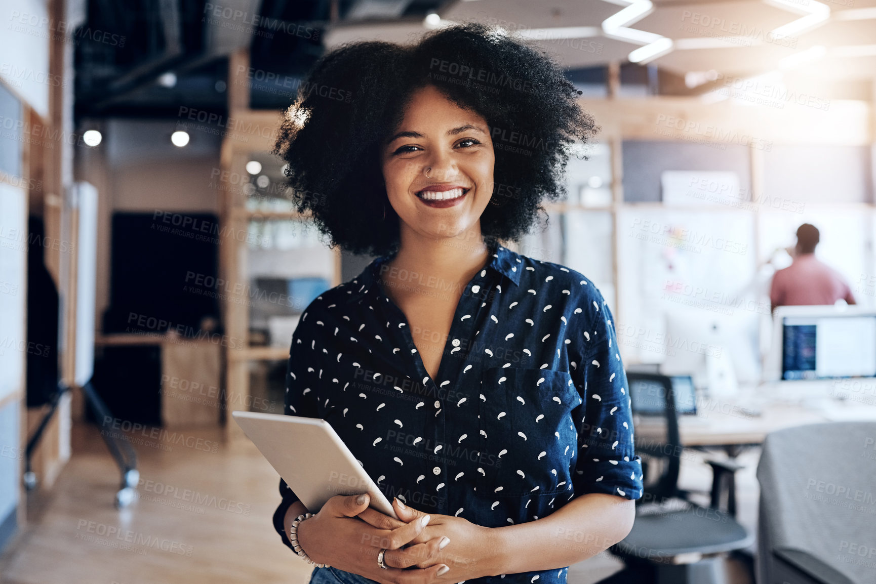 Buy stock photo Business, office and portrait of woman with tablet for digital article, development or communication. Happy, journalist and employee with tech at creative agency for network, feedback or connectivity