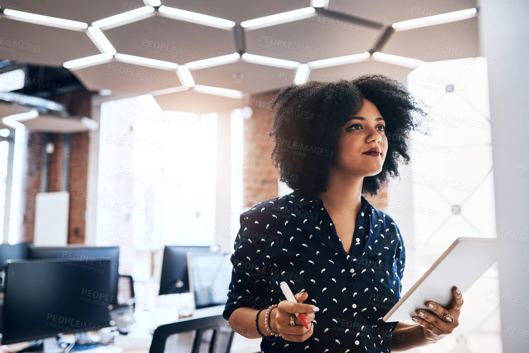 Buy stock photo Black woman, planning and agenda in office with tablet for web design, development and software. Employee, strategy and designer at creative agency with tech for website, internet and ux research