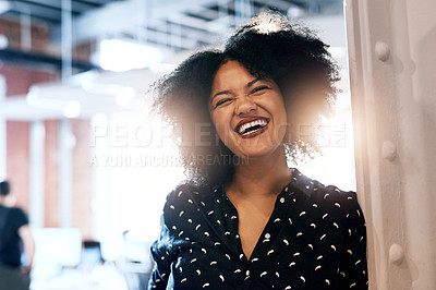 Buy stock photo Portrait of an attractive young female designer laughing and in good spirits at the office