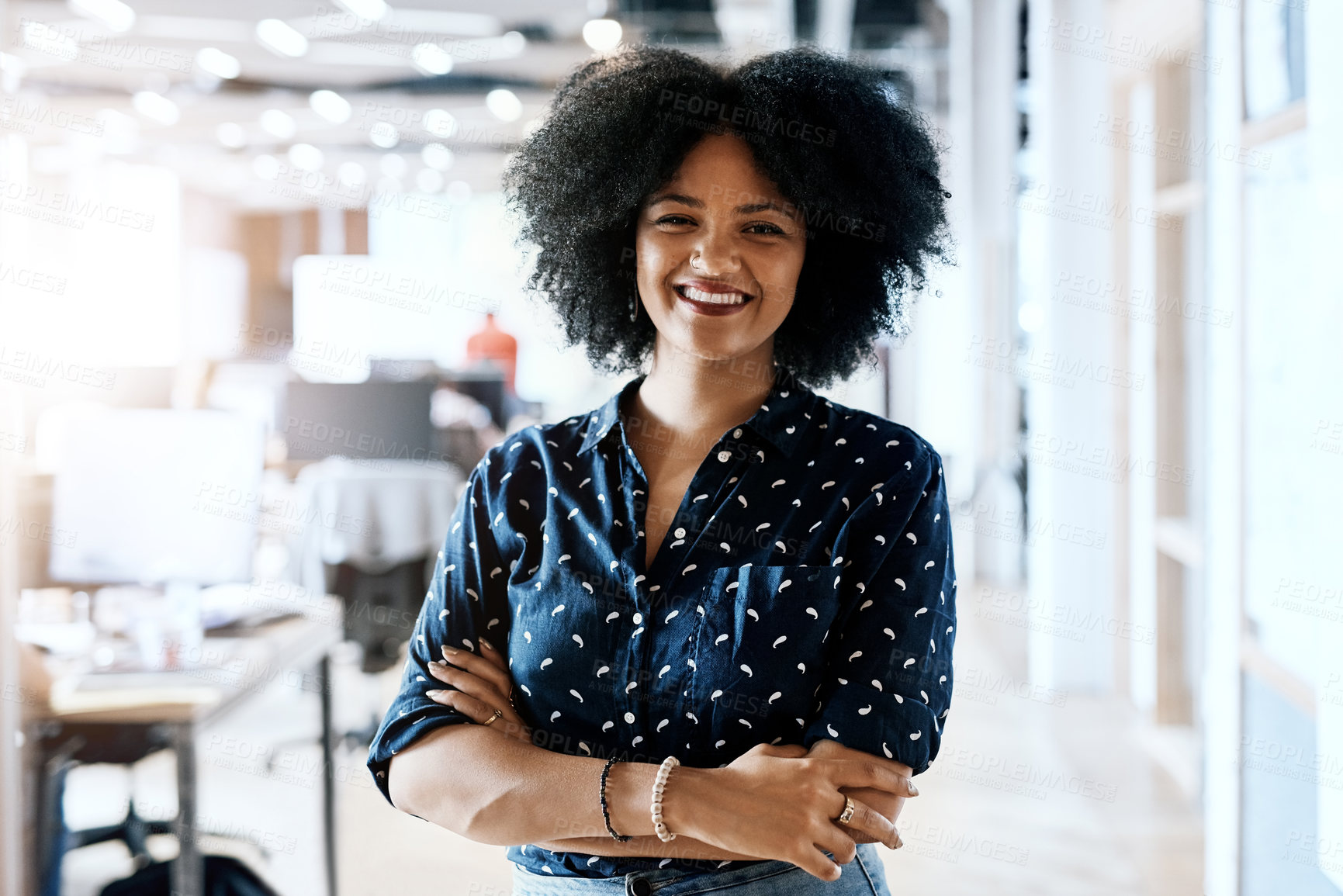 Buy stock photo Portrait, happy and business woman with arms crossed for career, job or pride at creative startup company. Face, entrepreneur and smile of confident professional employee, worker and editor in Brazil