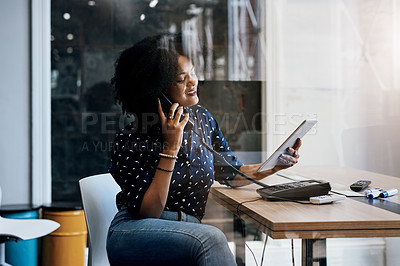 Buy stock photo Woman, telephone call and reading on tablet in workplace, networking or scroll in morning at startup. Person, receptionist or secretary on digital touchscreen for schedule, calendar or booking at job