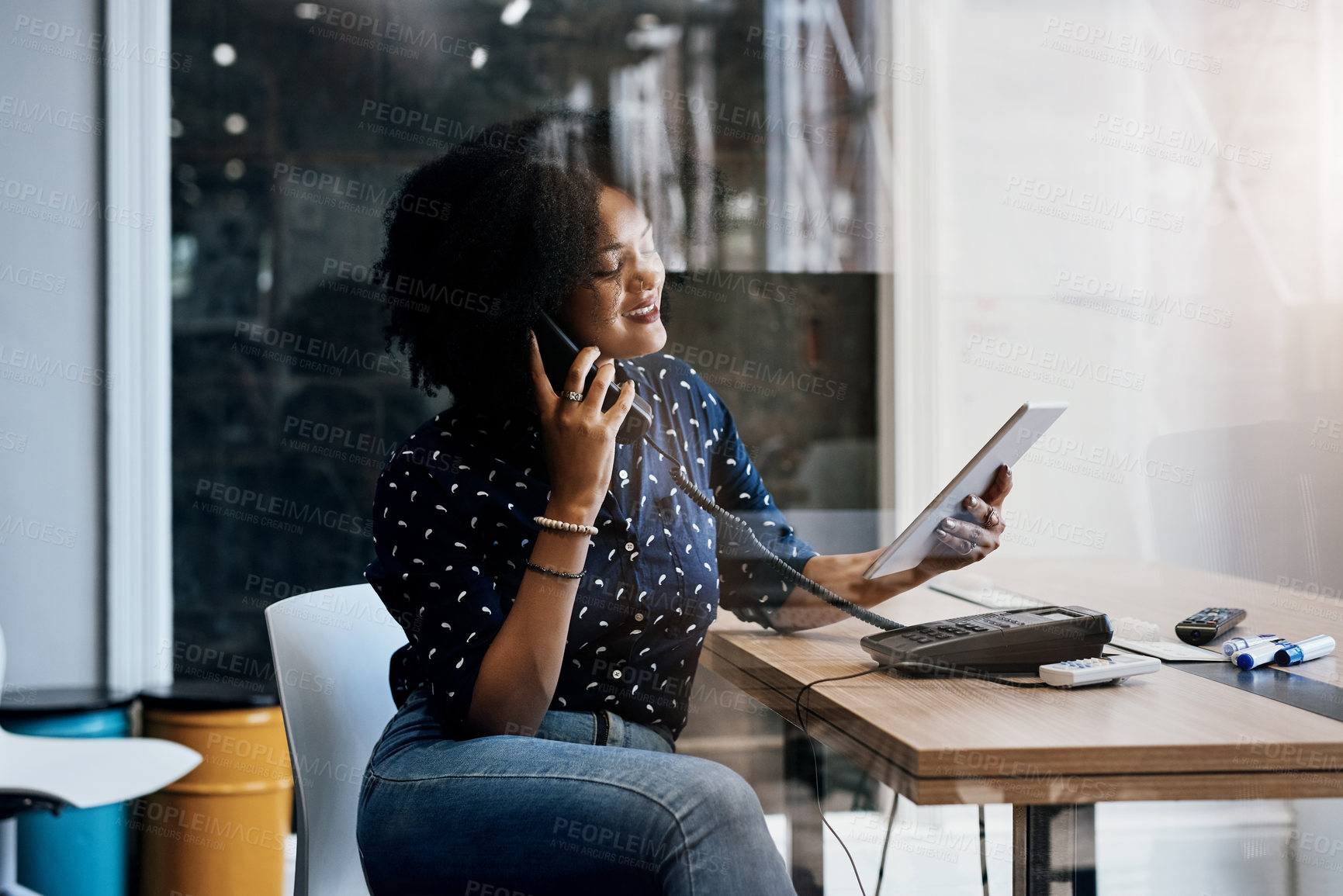 Buy stock photo Woman, telephone call and reading on tablet in workplace, networking or scroll in morning at startup. Person, receptionist or secretary on digital touchscreen for schedule, calendar or booking at job