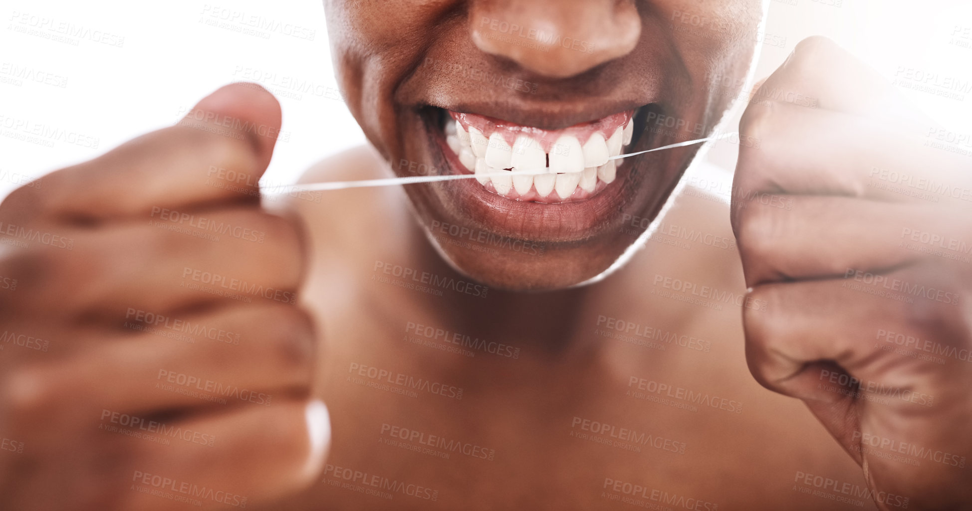 Buy stock photo Hands, person and floss teeth for dental care, wellness or morning routine in bathroom. Face, closeup and cleaning tooth with string for oral health, hygiene and fresh breath with cosmetics in home