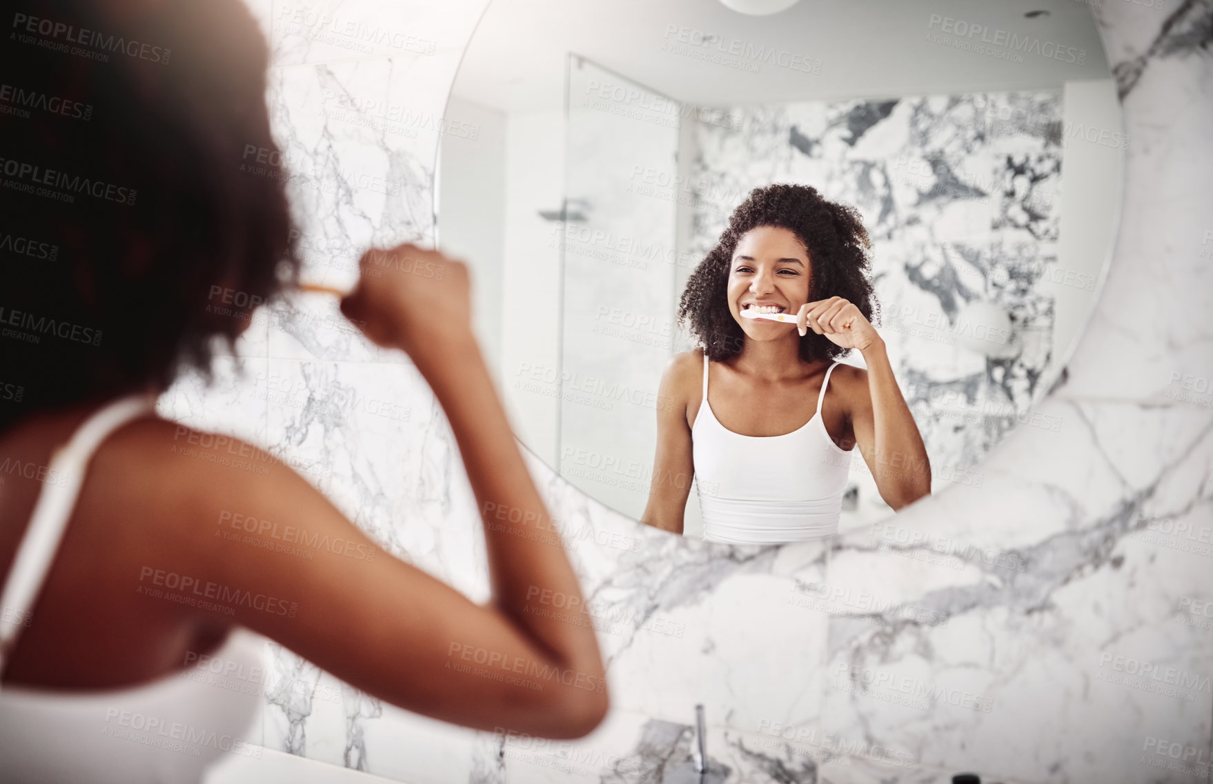 Buy stock photo Smile, woman and mirror with brushing teeth in bathroom for oral care, cleaning and morning routine. Home, toothbrush and female person with product for dental hygiene, plaque removal or fresh breath