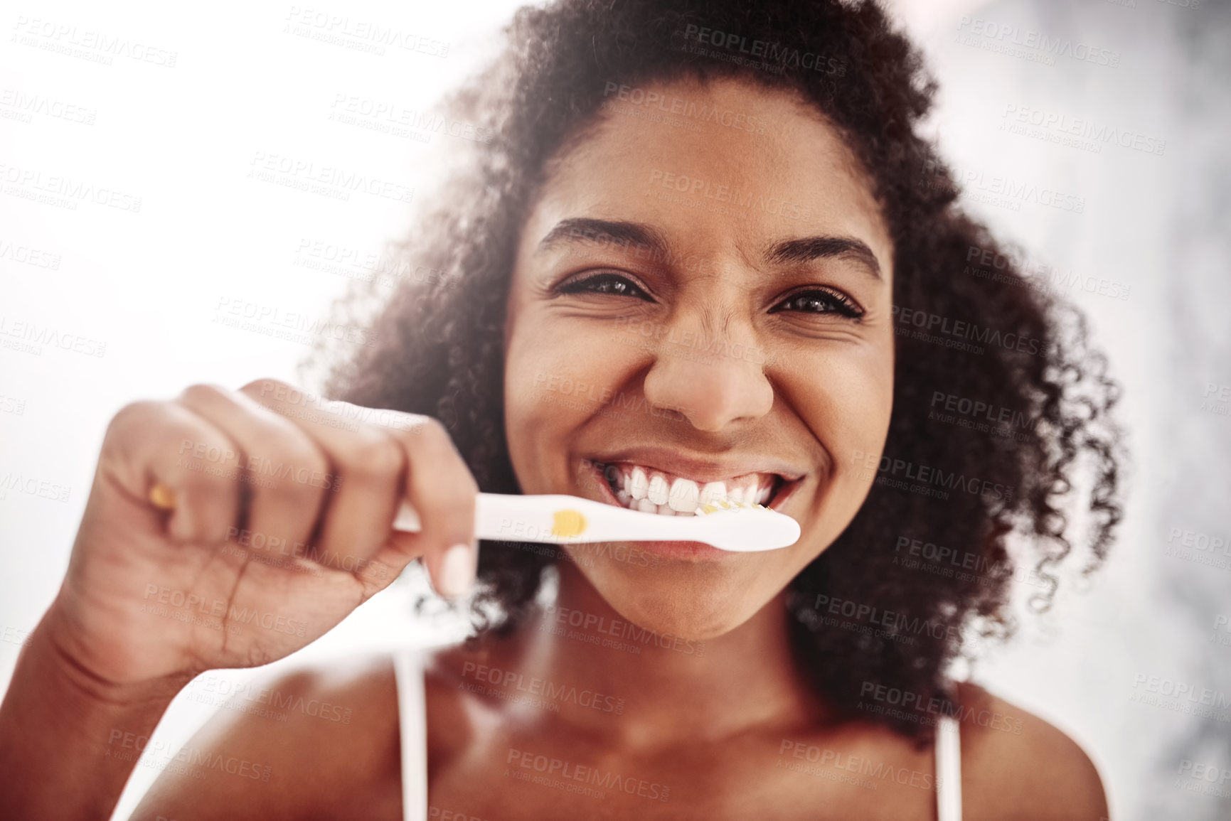 Buy stock photo Woman, smile and portrait with brushing teeth in bathroom for dental hygiene, fresh breath and routine. Home, morning and female person with happiness for oral cleaning, plaque removal and self care