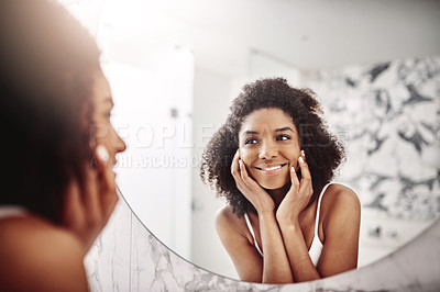 Buy stock photo Woman, skincare and dermatology in mirror with a smile in the bathroom for wellness at a hotel. Model, happy and beauty with skin, glow for self care in the morning at an apartment for healthy face.