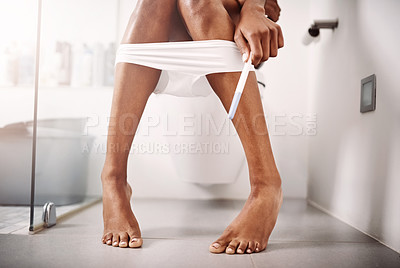 Buy stock photo Woman, legs or hand with pregnancy test on toilet for sample, procedure or maternity results at home. Closeup, female person or exam with pregnant kit or underwear in fertility or motherwood at house