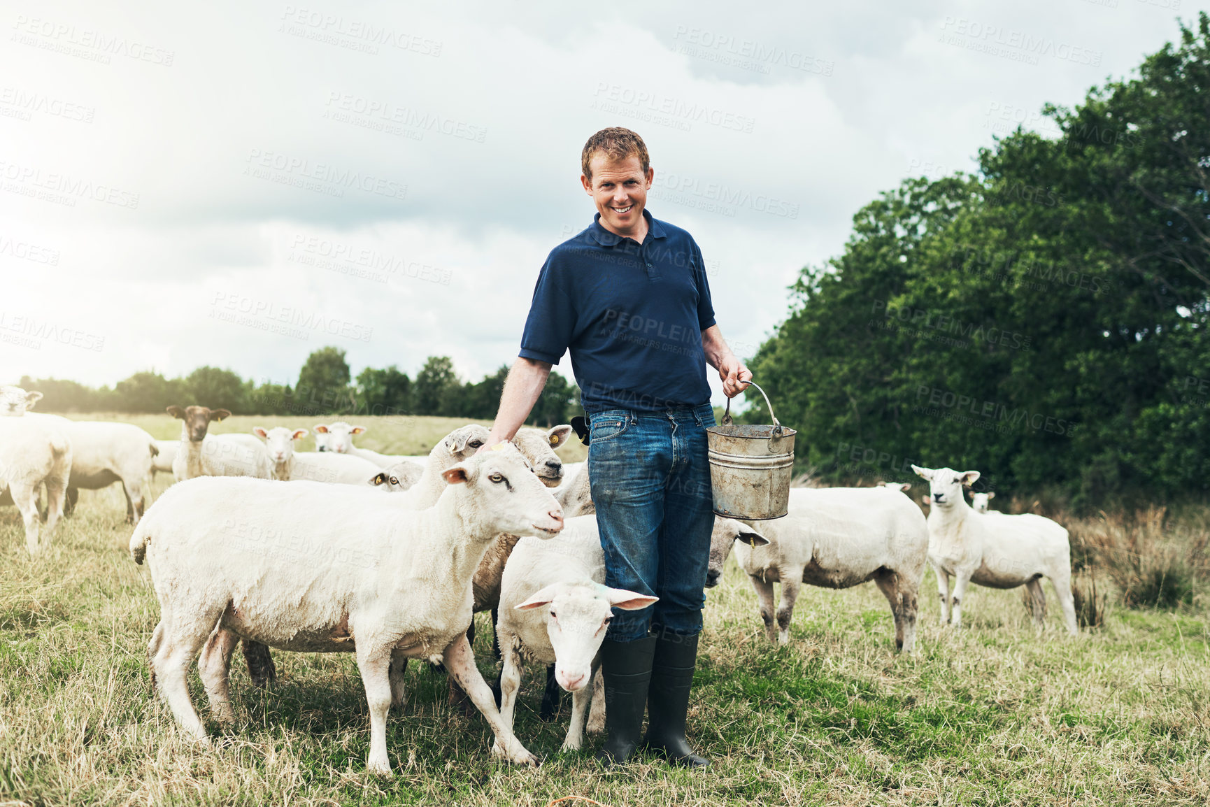 Buy stock photo Shot of a cheerful young male farmer feeding his sheep outside on his land during the day