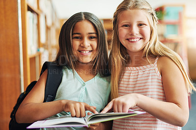 Buy stock photo School kids, girl and portrait in library with book for education story, fantasy fiction or literature. Friends, student and novel at academy for language development, study and curious for learning