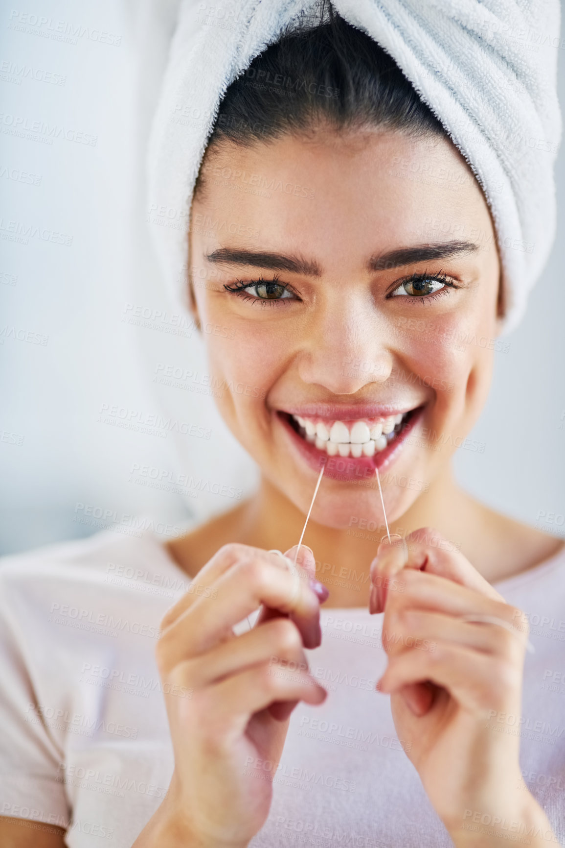 Buy stock photo Happy woman, flossing and portrait with oral hygiene, cleaning teeth and dental care in home. Female person, morning routine and wellness for healthy mouth, gums or fresh breath with towel in Canada