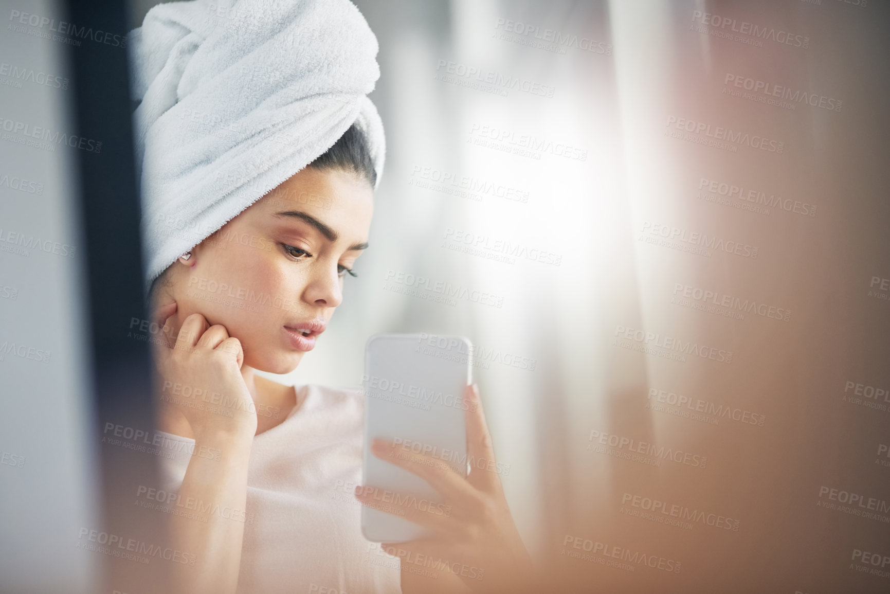 Buy stock photo Woman, towel and mirror with selfie in home for morning routine, skincare or online update. Facial, dermatology and influencer with digital photography in bathroom for social media, post or cosmetics