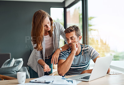 Buy stock photo Couple, home and discussion with laptop or documents for tax, expenses and debt for interest rate. People, relationship and explain for budget or saving plan for house finance, mortgage and bills