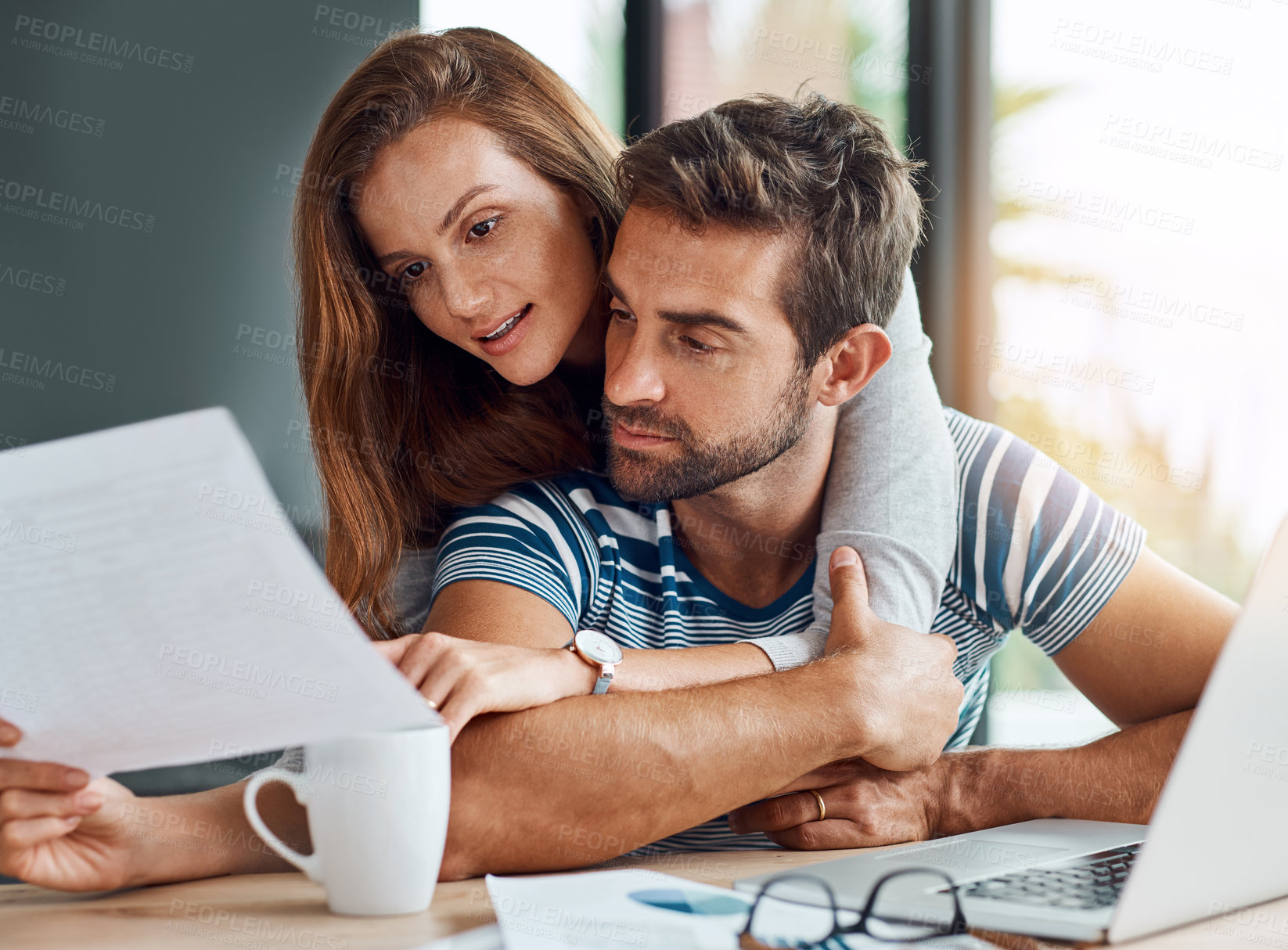 Buy stock photo Couple, people and reading documents with laptop for tax, expenses and debt with interest rate. Home, relationship and explain for budget or saving plan for house finance, mortgage and bills