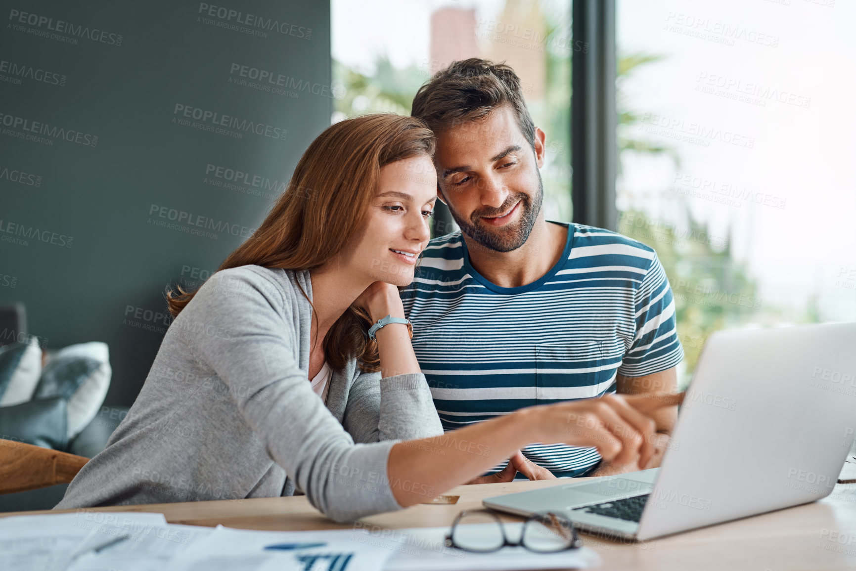 Buy stock photo Home, couple and laptop for finance, budget and planning for income, investment and research for life insurance. People, apartment or man with woman, computer and conversation for accounting or email